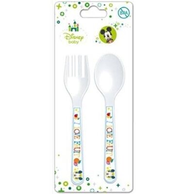 Set 2 cubiertos licencia oficial Disney Mickey Mouse, compuesto por tenedor y cuchara, producto de plastico libre de BPA