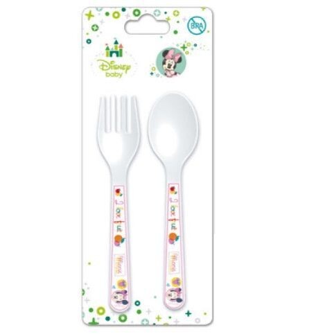 Set 2 cubiertos licencia oficial Disney Minnie Mouse, compuesto por tenedor y cuchara, producto de plastico libre de BPA