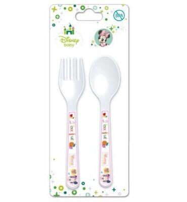 Set 2 cubiertos licencia oficial Disney Minnie Mouse, compuesto por tenedor y cuchara, producto de plastico libre de BPA