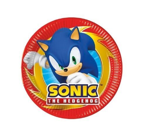 8 platos de cartón 19cm Sonic, ideal para fiestas y cumpleaños.