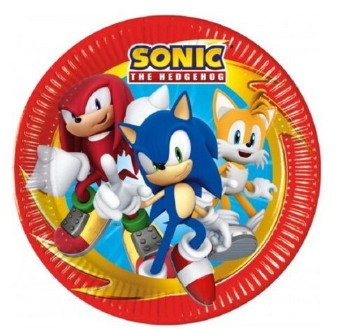 8 platos de cartón 23cm Sonic, ideal para fiestas y cumpleaños.