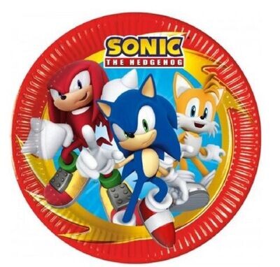 8 platos de cartón 23cm Sonic, ideal para fiestas y cumpleaños.