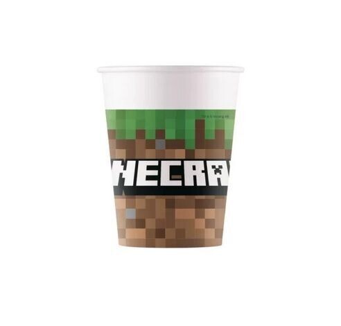Pack de 8 vasos de carton ideal para fiestas y cumpleaños de la licencia oficial Minecraft, producto de cartón, capacidad 200ml