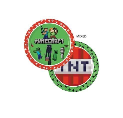 8 platos de cartón 23cm Minecraft, ideal para fiestas y cumpleaños.