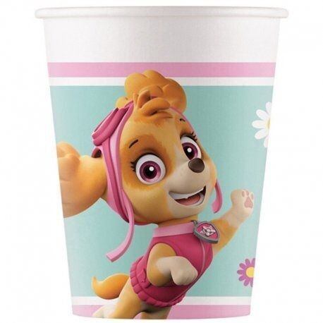 Pack de 8 vasos de carton ideal para fiestas y cumpleaños de la licencia oficial Patrulla canina Skye, producto de cartón, capacidad 200ml