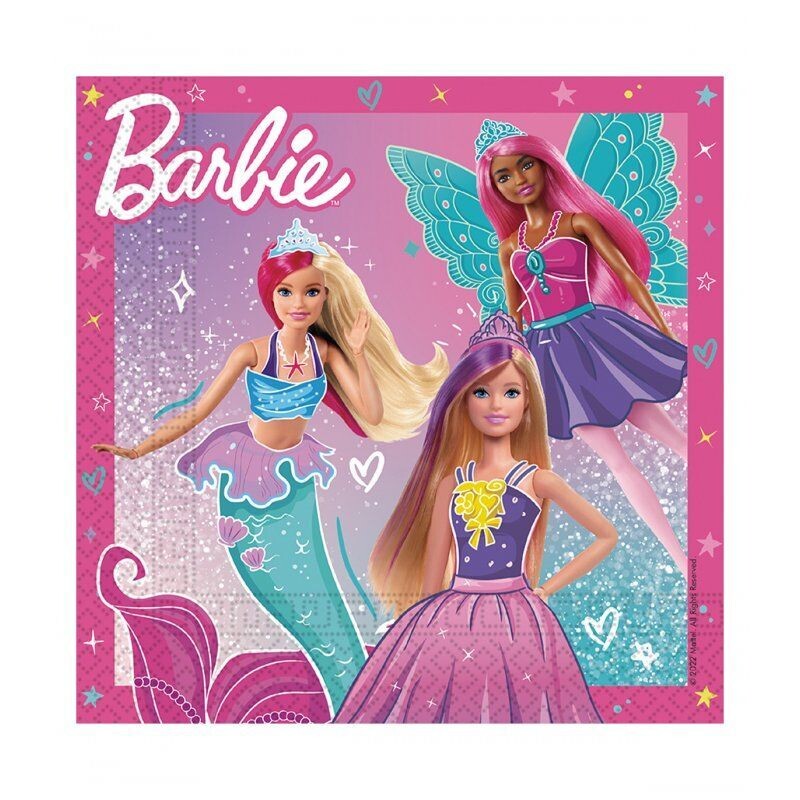 Pack de 20 servilletas de papel 2 capas, de la licencia oficial Barbie, ideal para fiestas de cumpleaños