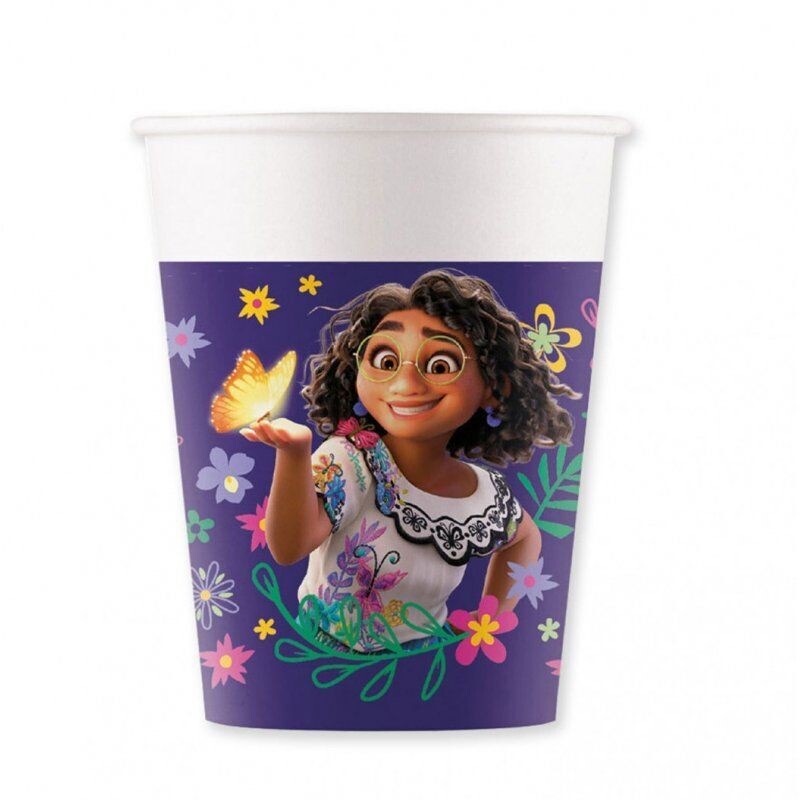 Pack de 8 vasos de carton ideal para fiestas y cumpleaños de la licencia oficial Disney Encanto, producto de cartón, capacidad 200ml
