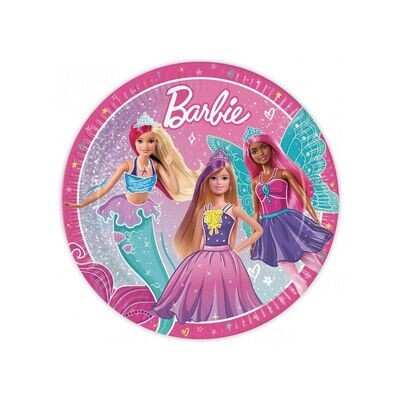 8 platos de cartón 23cm licencia oficial Barbie, ideal para fiestas y cumpleaños.