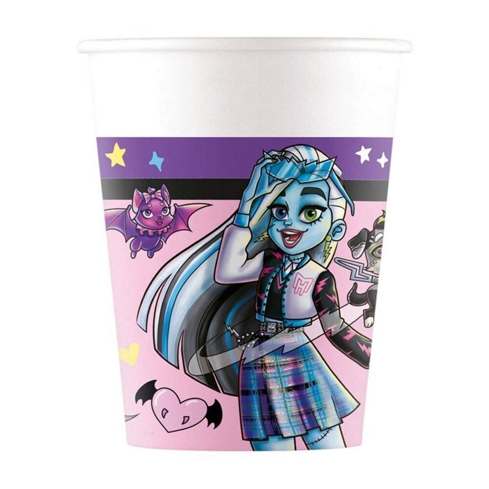 8 vasos de cartón 220ml Monster high, ideal para fiestas y cumpleaños.
