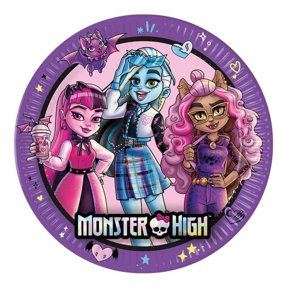 8 platos de cartón 23 cm Monster High, ideal para fiestas y cumpleaños.