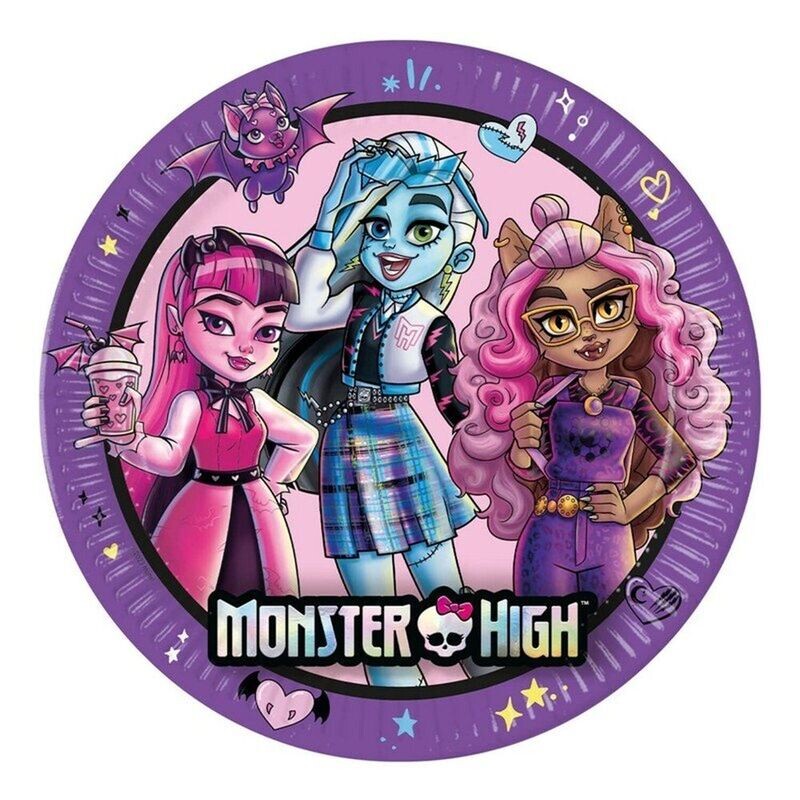 8 platos de cartón 23 cm Monster High, ideal para fiestas y cumpleaños.