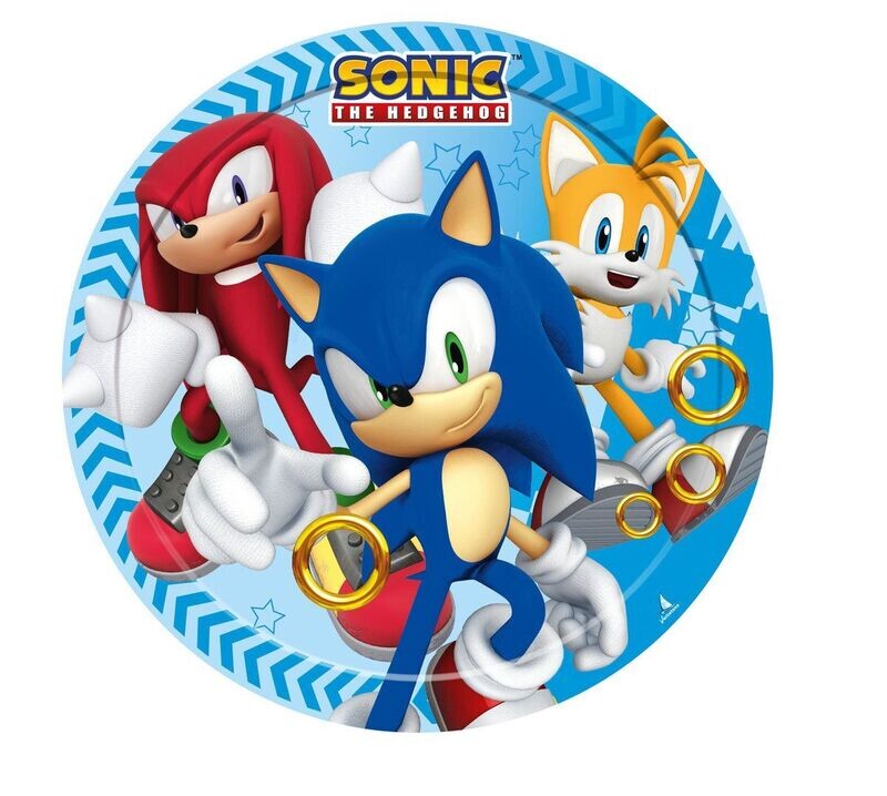 8 platos de cartón 18cm Sonic, ideal para fiestas y cumpleaños.