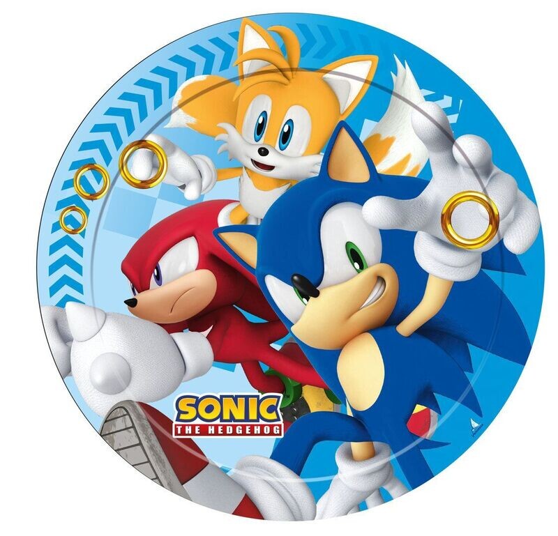 8 platos de cartón 23cm Sonic, ideal para fiestas y cumpleaños.