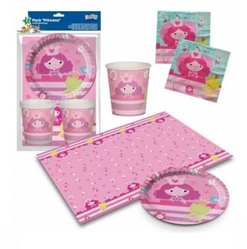 Pack 6 pax fiesta diseño princesa contiene: mantel, 6 servilletas, 6 platos y 6vasos