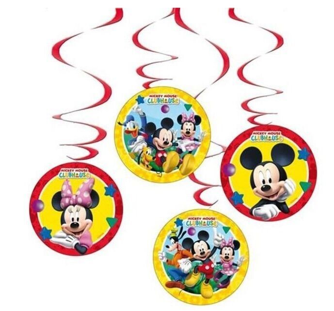Pack de 4 colgantes  de la licencia oficial disney mickey mouse, producto de cartón, ideal para decorar fiestas de cumpleaños