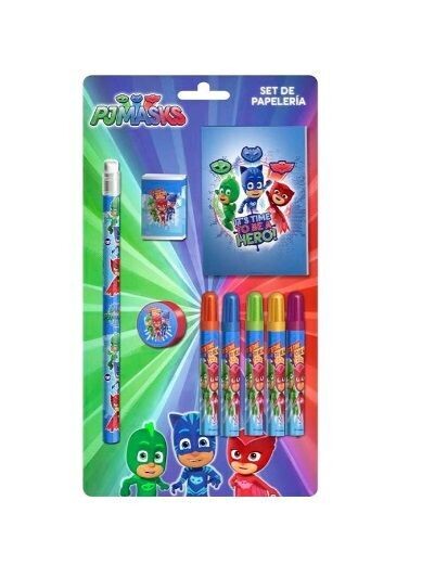 Set papeleria 9pzs licencia oficial Pj Masks, blister con libreta, lapiz, sacapuntas, goma de borrar y 5 rotuladores