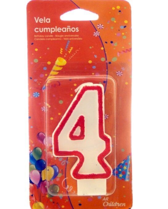 Vela cumpleaños número cuatro (4) blanca con borde rojo