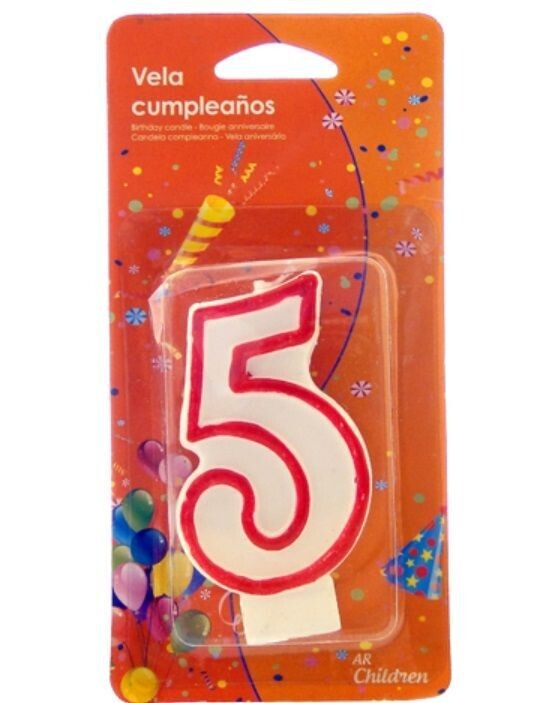 Vela cumpleaños número cinco (5) blanca con borde rojo