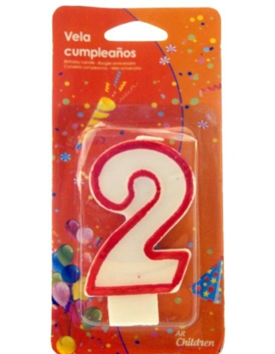 Vela cumpleaños número dos (2) blanca con borde rojo