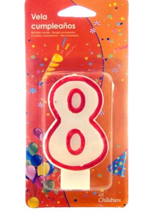 Vela cumpleaños número ocho (8) blanca con borde rojo