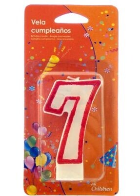 Vela cumpleaños número siete (7) blanca con borde rojo