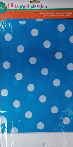 mantel fiesta 110x180cm diseño topos Azul, producto de plastico,  ideal como complemento para fiestas de cumpleaños o eventos