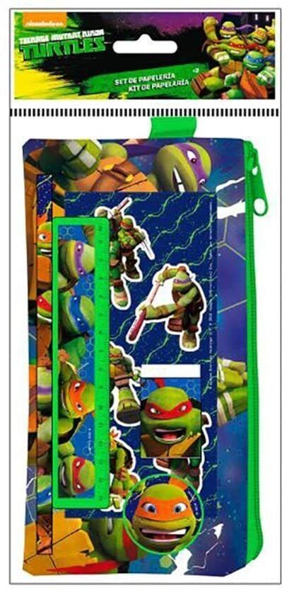 set papeleria 6pz Tortugas ninja, portatodo, lapiz, goma, regla, pegatinas  y sacapuntas