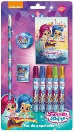 Set papeleria 9pzs licencia oficial Shimmer and Shine, blister con libreta, lapiz, sacapuntas, goma de borrar y 5 rotuladores