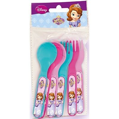 Set de 6 cubiertos licencia oficial disney Princesa sofia, compuesto por 3 tenedores y 3 cucharas