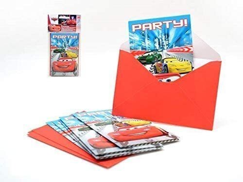 pack 6 invitaciones con sobre de la licencia oficial disney Cars, ideal para cumpleaños, producto de carton