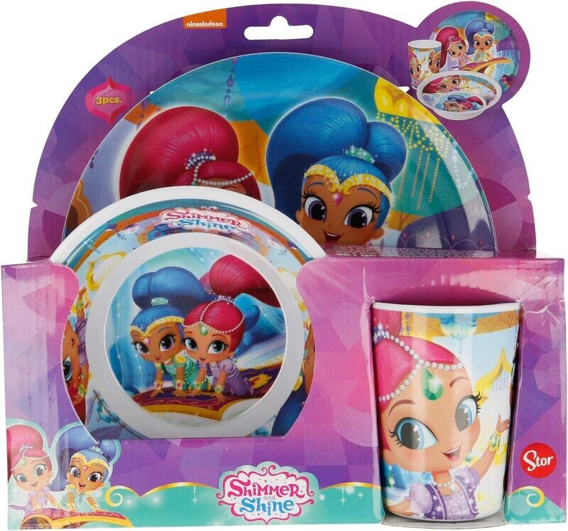 Set 3 piezas vajilla de la licencia oficial Shimmer & Shine, producto de melamina, contiene plato, cuenco y vaso