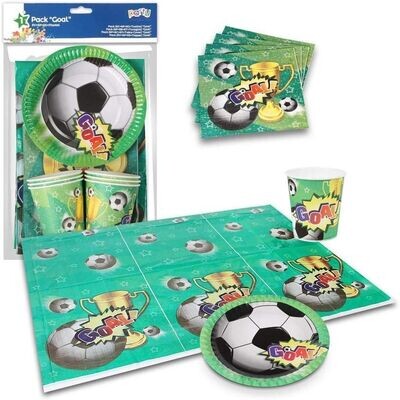 Pack 6 pax fiesta diseño Futbol, contiene: mantel, 6 servilletas, 6 platos y 6vasos