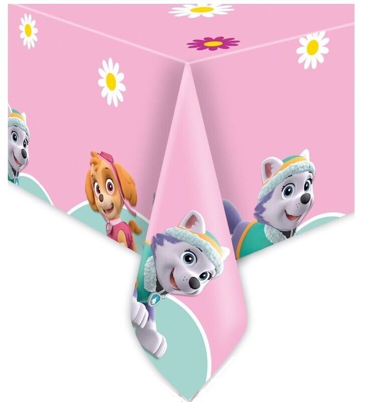 Mantel de plástico 120x180cm Patrulla canina diseño Skye y Everest, ideal para fiestas y cumpleaños.