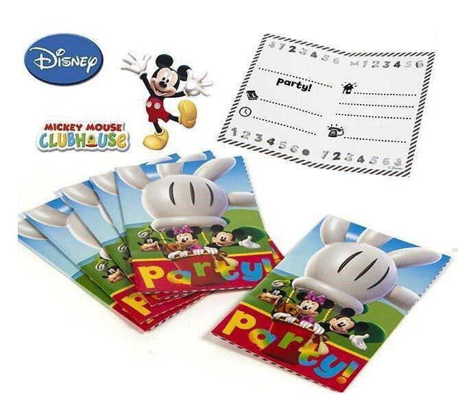 pack 6 invitaciones mickey mouse, diseño clubhouse, invitaciones de carton con sobres de papel.