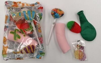Pack chuches, compuesto por 4 golosinas surtidas y un globo, ideal para piñatas, conos, partybags, etc
