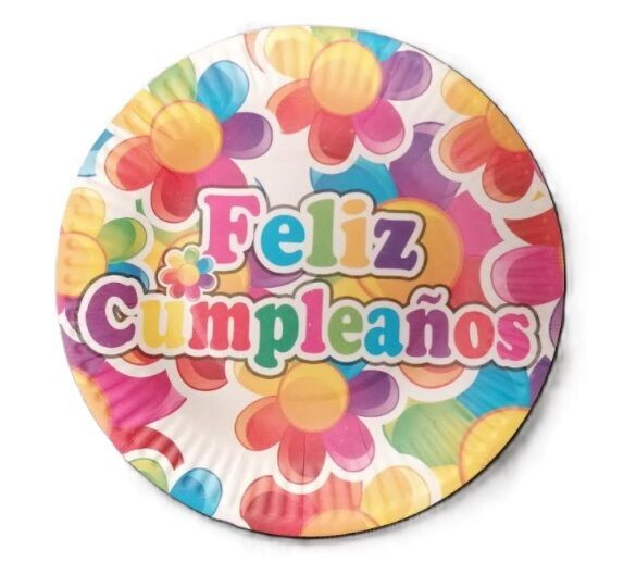 Pack de 10 platos de cartón para fiesta, 18cm, diseño feliz cumpleaños con flores colores