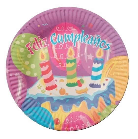Pack de 10 platos de cartón para fiesta, 18cm, diseño feliz cumpleaños tarta y globos, fondo morado