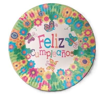 Pack de 10 platos de cartón para fiesta, 18cm, diseño feliz cumpleaños con flores y mariposas