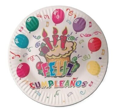 Pack de 10 platos de cartón para fiesta, 18cm, diseño feliz cumpleaños tarta y globos, fondo blanco
