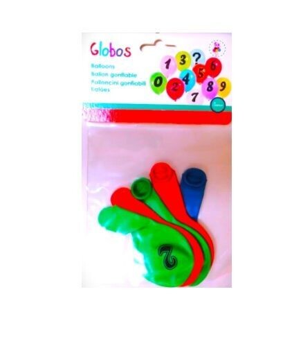 Pack de 5 globos decorados con el numero "2", ideales para decorar fiestas