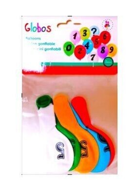 Pack de 5 globos decorados con el numero "5", ideales para decorar fiestas