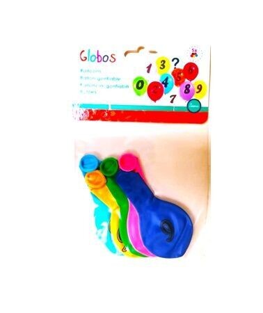 Pack de 5 globos decorados con el numero "6", ideales para decorar fiestas