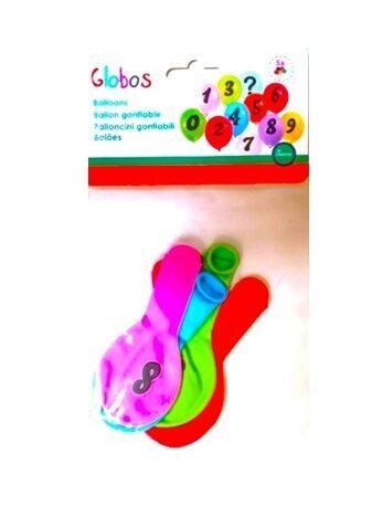 Pack de 5 globos decorados con el numero "8", ideales para decorar fiestas