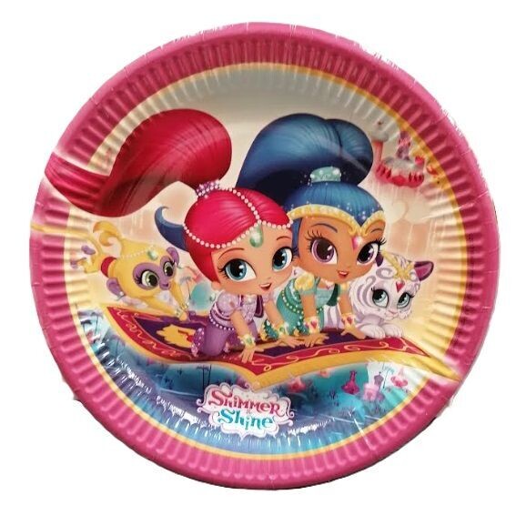 Pack 8 platos de cartón para fiesta, 23 cm shimmer and shine, ideal fiestas de cumpleaños