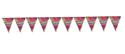 lineal de 10 banderines feliz cumpleaños, diseño globos fondo fucsia