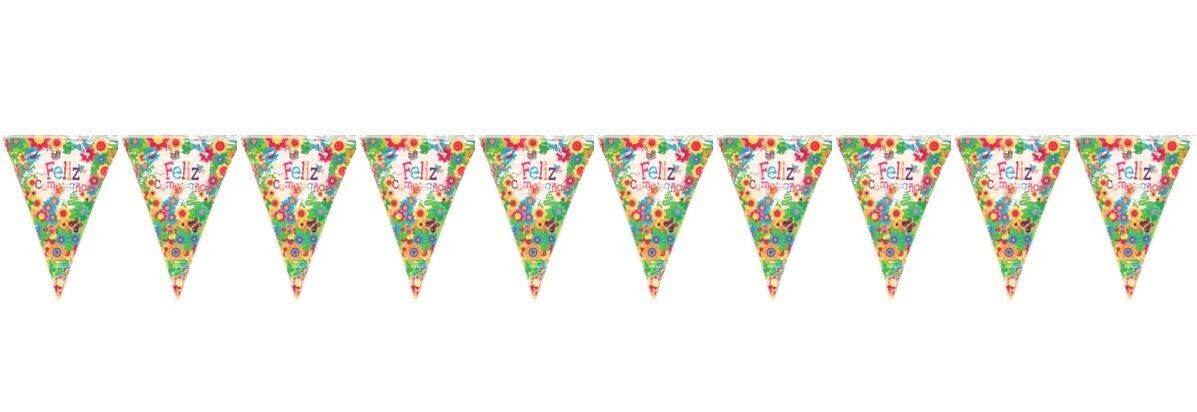 lineal de 10 banderines feliz cumpleaños, diseño florido verde