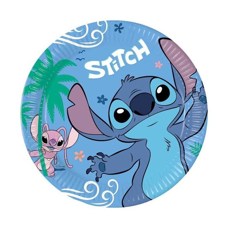 8 platos de cartón 23 cm licencia Stitch, ideal para fiestas y cumpleaños.