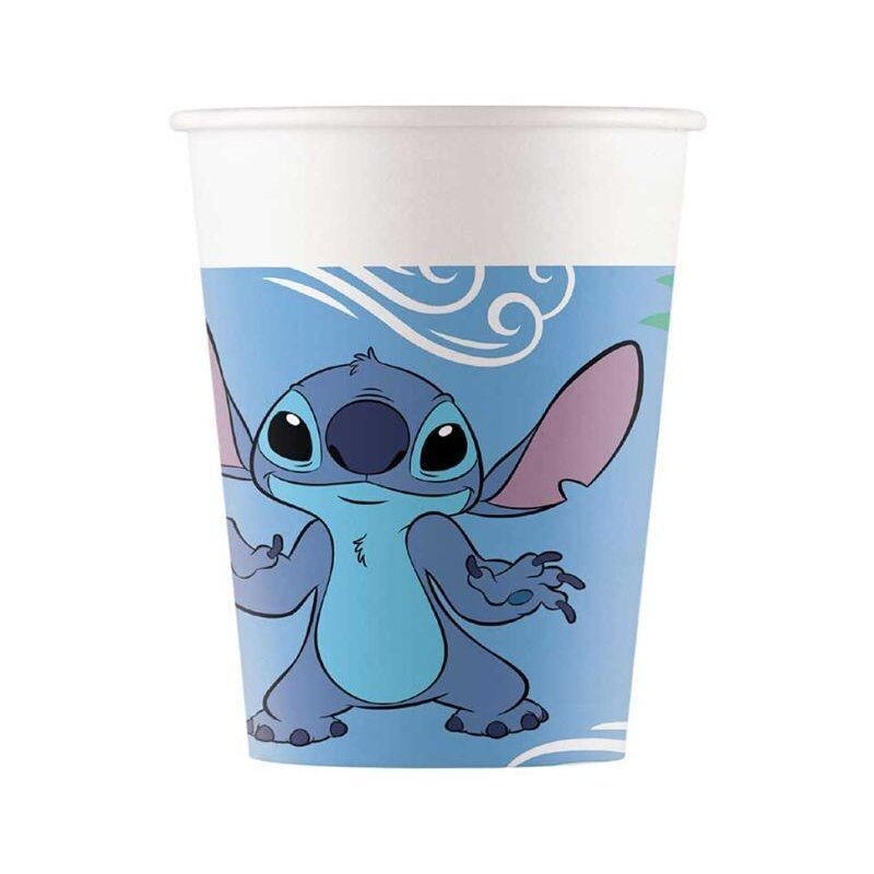 8 vasos de cartón 220ml Stitch, ideal para fiestas y cumpleaños.
