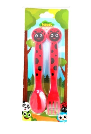 Set 2 cubiertos diseño Mariquita, compuesto por tenedor y cuchara, producto de plastico libre de BPA
