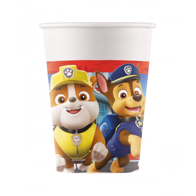 Pack de 8 vasos ideal para fiestas y cumpleaños de la licencia Patrulla canina, producto de carton